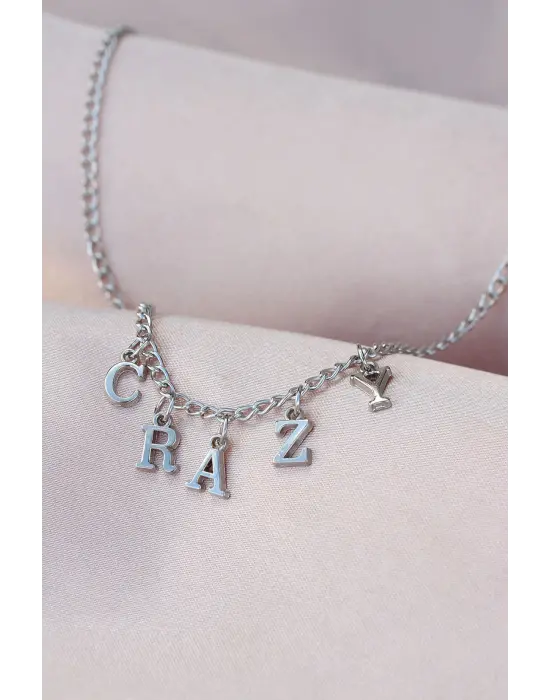 Yeni Sezon Crazy Yazılı Gümüş Renk Sallantılı Kadın Kolye