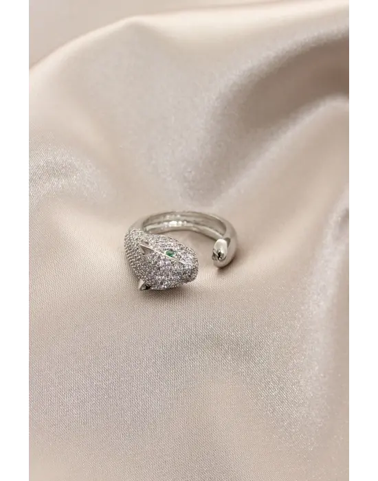 Yeni Sezon Gümüş Renk Taşlı Yeşil Gözlü Kaplan Yüzük