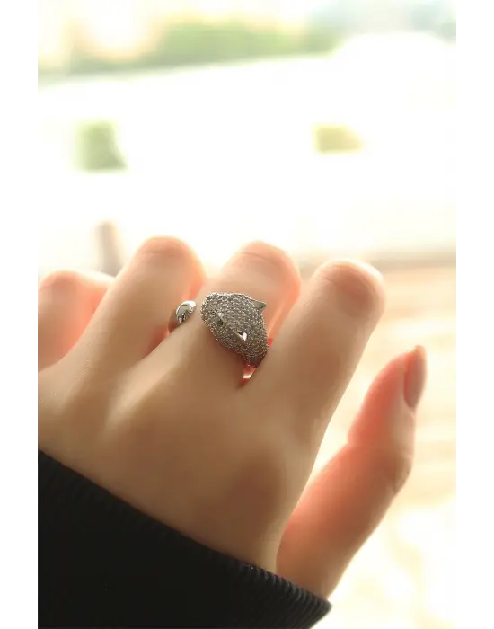 Yeni Sezon Gümüş Renk Taşlı Yeşil Gözlü Kaplan Yüzük