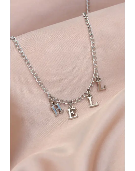 Yeni Sezon Hell Yazılı Gümüş Renk Sallantılı Kadın Kolye