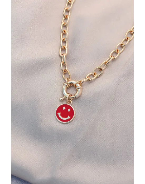 Yeni Sezon Kırmızı Renk Smile Model Retro Gold Metal Kolye