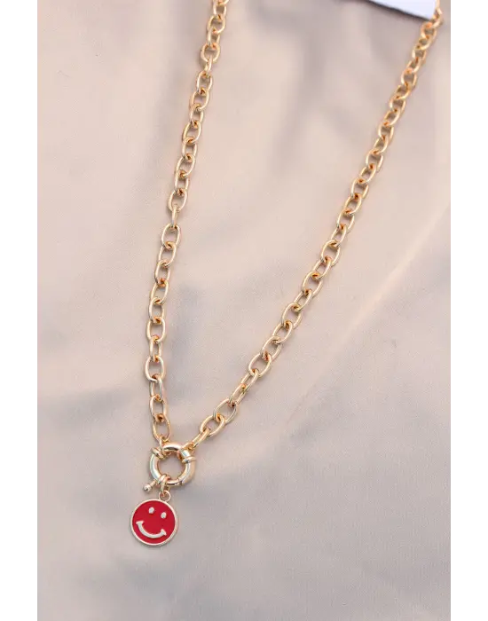 Yeni Sezon Kırmızı Renk Smile Model Retro Gold Metal Kolye