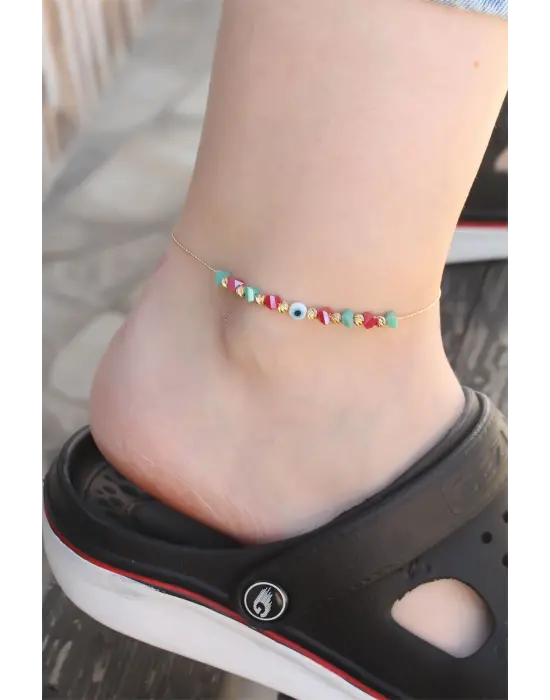 Yeni Sezon Minimal Nazar Boncuk Detaylı Renkli Taş Tasarımlı Halhal