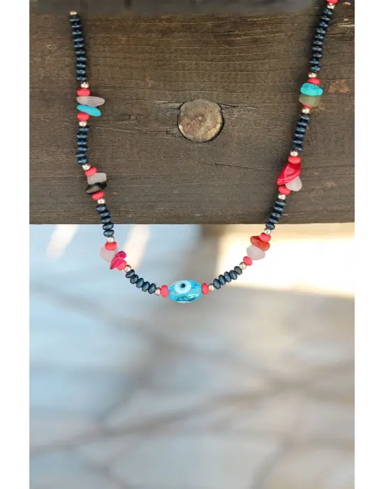 Yeni Sezon Nazar Boncuk Figürlü Renkli Taş ve Boncuklu Kolye