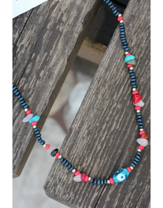 Yeni Sezon Nazar Boncuk Figürlü Renkli Taş ve Boncuklu Kolye