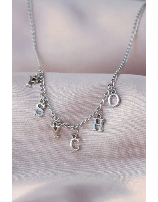 Yeni Sezon Psycho Yazılı Gümüş Renk Sallantılı Kadın Kolye