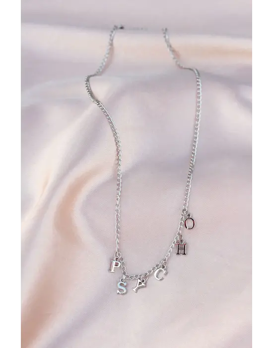 Yeni Sezon Psycho Yazılı Gümüş Renk Sallantılı Kadın Kolye