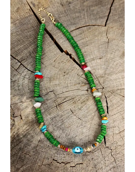 Yeşil Boncuklu Nazar Boncuk Detaylı Kolye