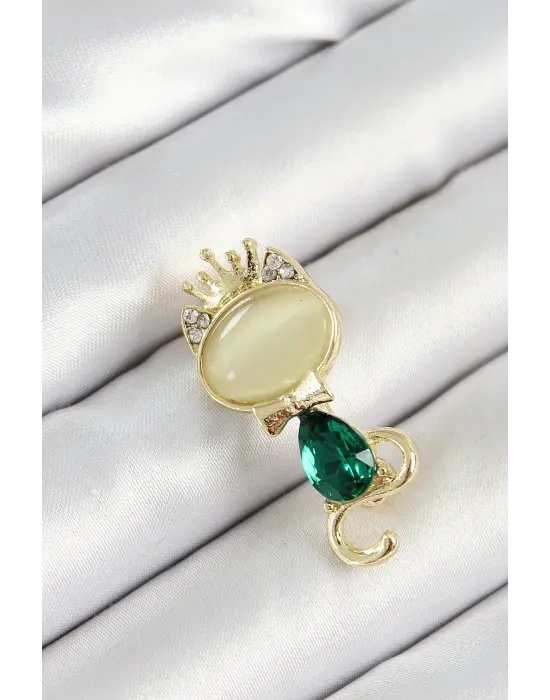 Yeşil Damla Zirkon Taşlı Kraliçe Taçlı Kedi Figürlü Gold Renk Kadın Broş