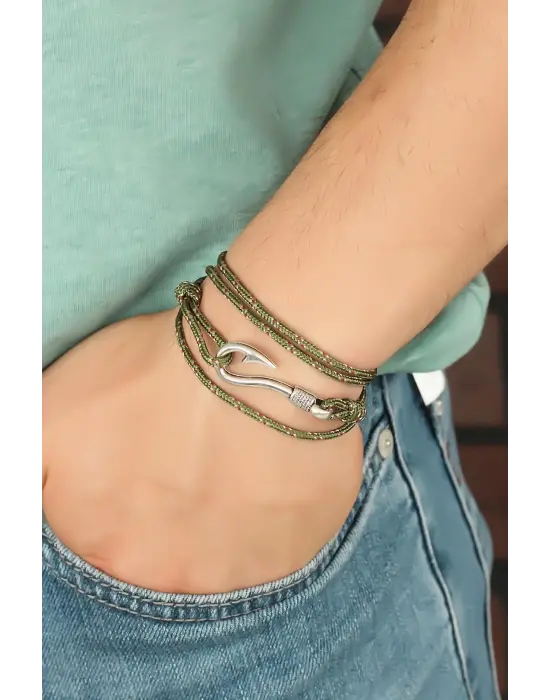 Yeşil Desenli Metal Çapalı Erkek Bileklik