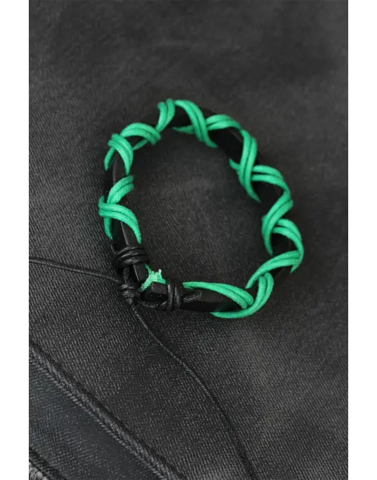 Yeşil İpli Siyah Renk Deri Erkek Bileklik