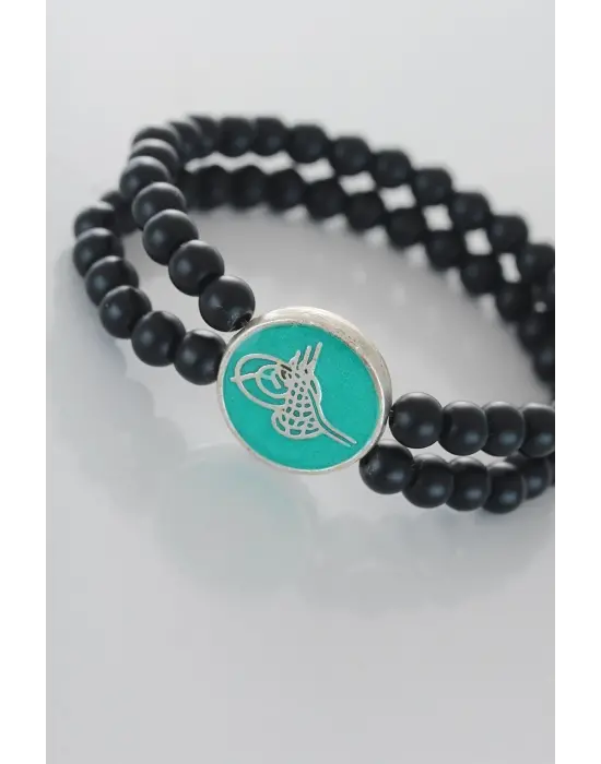 Yeşil Metal Üzerine Silver Osmanlı Tuğra Figürlü Siyah Renk Çift Sıra Doğal Taş Erkek Bileklik