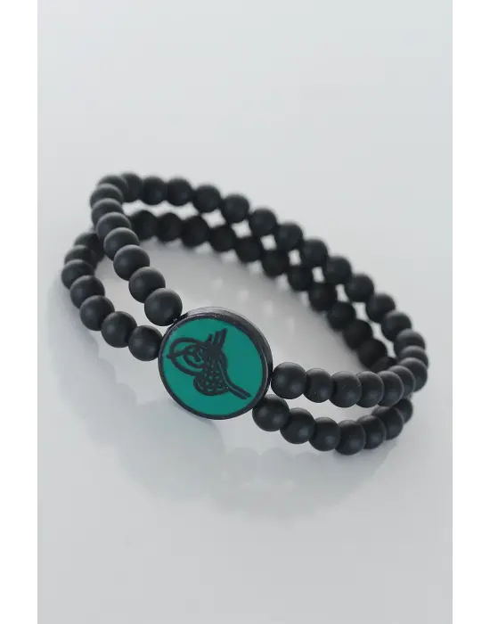 Yeşil Metal Üzerine Siyah Osmanlı Tuğra Figürlü Siyah Renk Çift Sıra Doğal Taş Erkek Bileklik