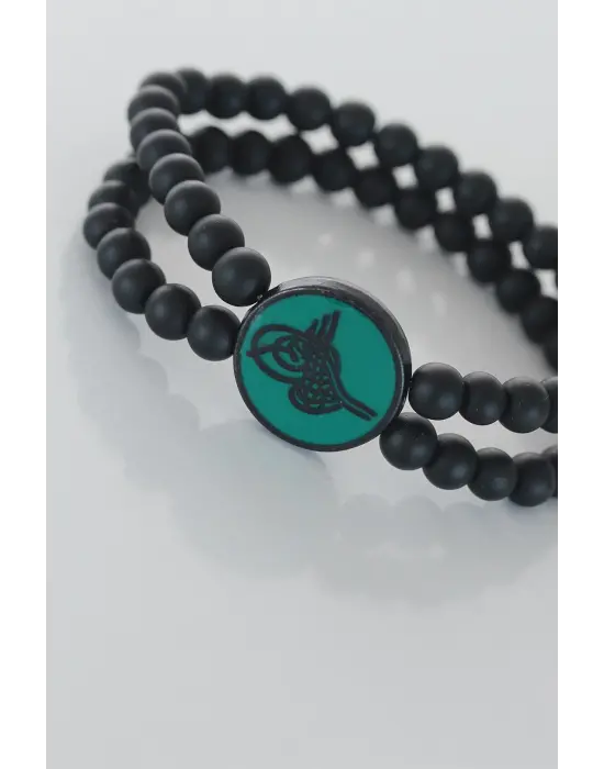 Yeşil Metal Üzerine Siyah Osmanlı Tuğra Figürlü Siyah Renk Çift Sıra Doğal Taş Erkek Bileklik