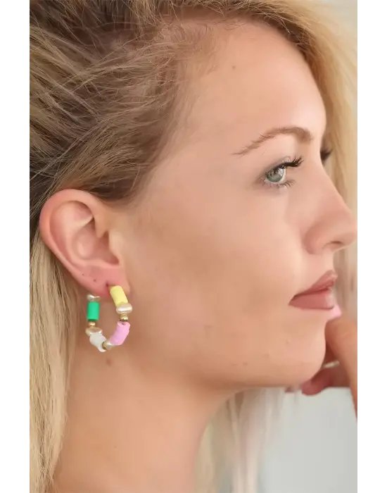 Yeşil Pembe Neon Taşlı Bayan Küpe