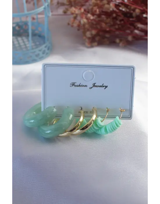 Yeşil Renk Boncuk Halka Model Kadın Küpe Seti