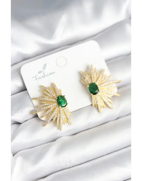 Yeşil Taş Detaylı Zirkon Taşlı Gold Renk Pirinç Kadın Küpe