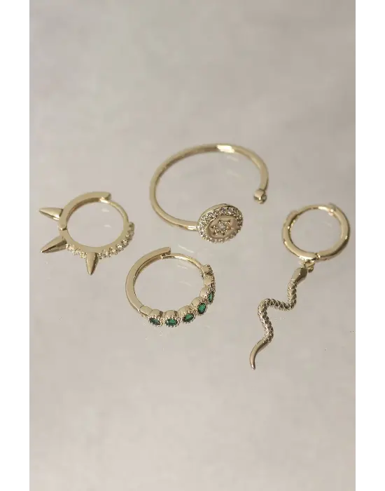 Yeşil Zirkon Taş Detaylı Yılan Model Küpe ve Yüzük Seti