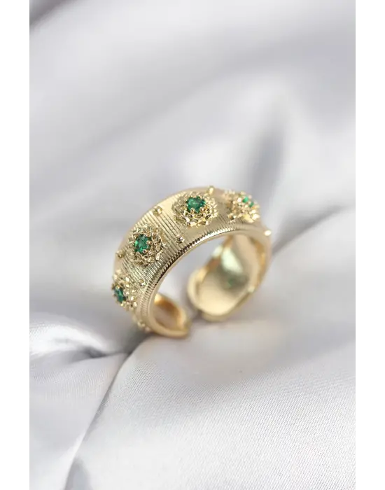 Yeşil Zirkon Taşlı Gold Renk Vintage Kadın Yüzük