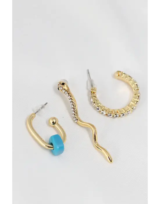 Yılan Figürlü Mavi Taş Detaylı Altın Renk Zirkon Taşlı Küpe Seti