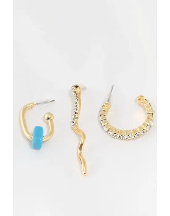 Yılan Figürlü Mavi Taş Detaylı Altın Renk Zirkon Taşlı Küpe Seti