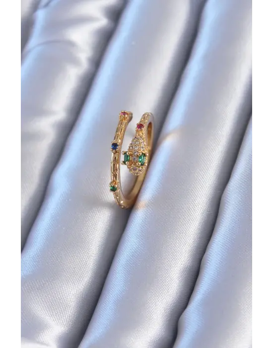 Yılan Model Altın Zirkon Taşlı  Çelik Yüzük