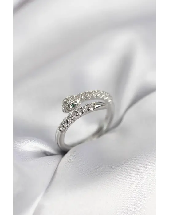 Yılan Model Gümüş Renk Zirkon Taşlı Kadın Yüzük