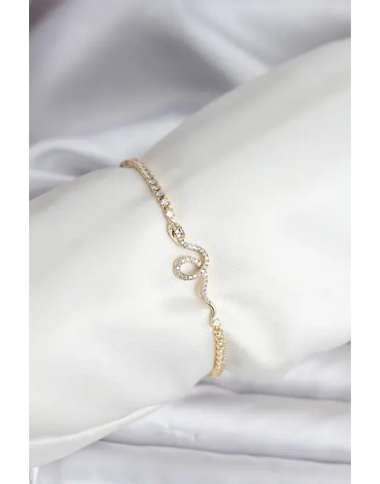 Yılan Model Zirkon Taşlı Gold Renk Pirinç Su Yolu Kadın Bileklik