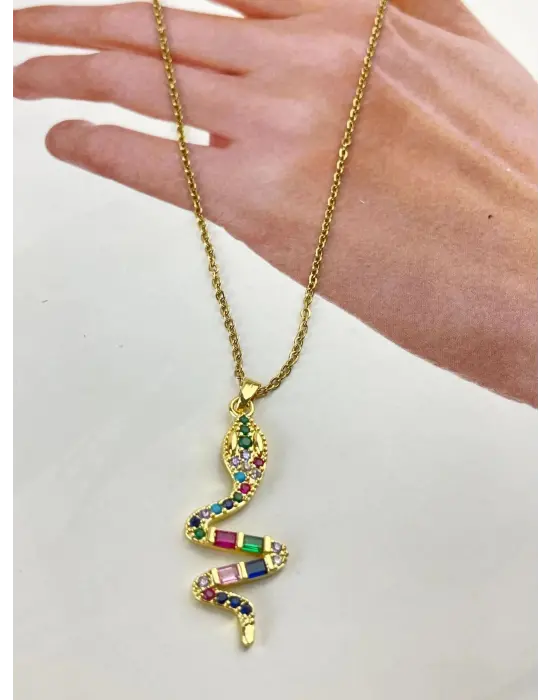 Yılan Motifli Renk Taşlı Gold Çelik Kolye