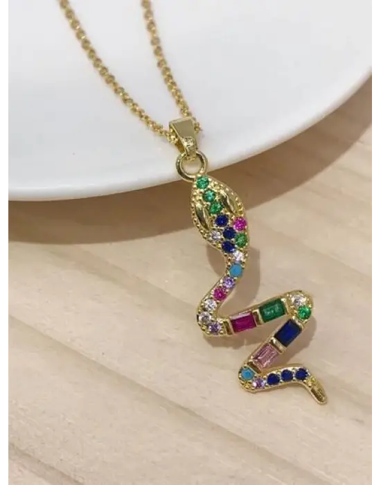 Yılan Motifli Renk Taşlı Gold Çelik Kolye