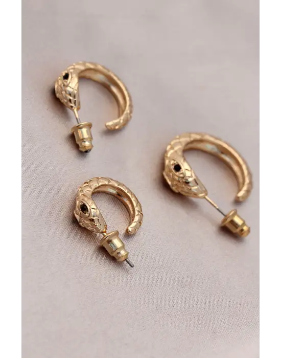 Yılan Tasarımlı Halka Model Gold Metal Küpe Seti