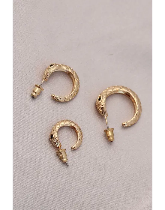 Yılan Tasarımlı Halka Model Gold Metal Küpe Seti