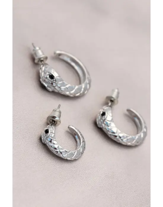 Yılan Tasarımlı Halka Model Gümüş Metal Küpe Seti
