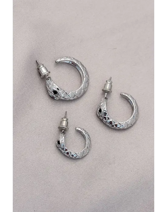 Yılan Tasarımlı Halka Model Gümüş Metal Küpe Seti