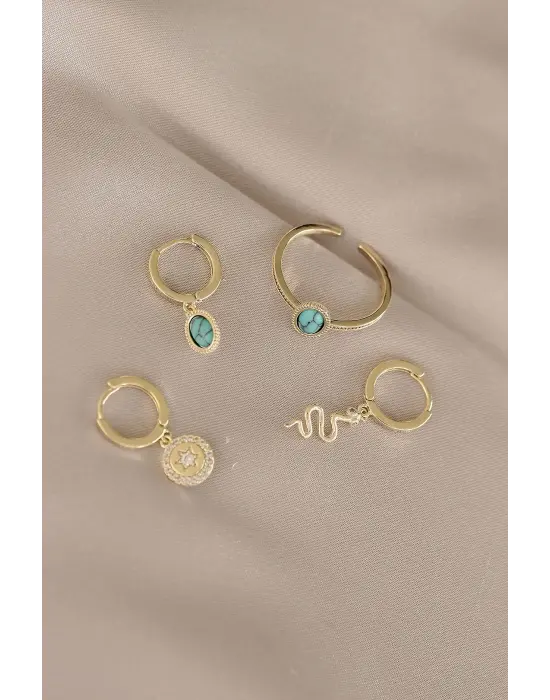 Yılan Tasarımlı Mavi Taşlı Küpe Yüzük Seti