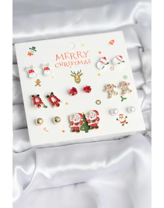 Yılbaşı Temalı Karışık Model 8 Çift Yılbaşı Temalı Kadın Küpe Seti