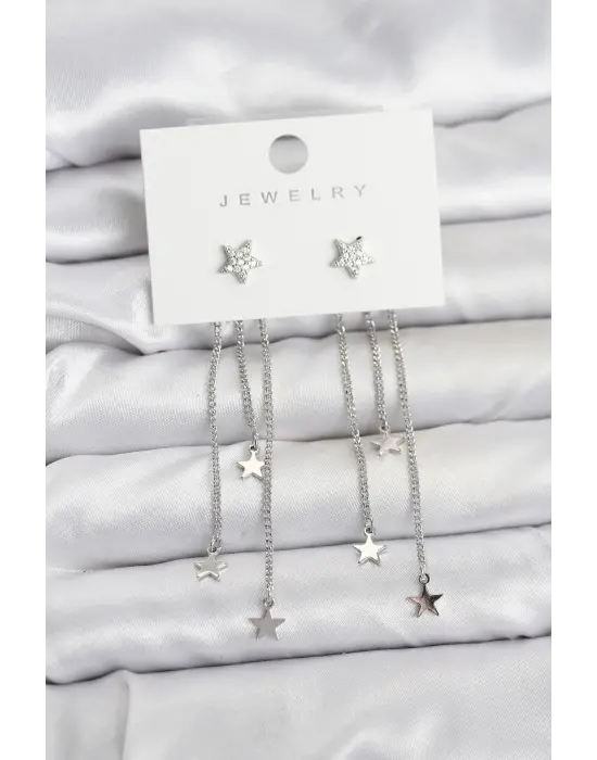 Yıldız Model Gümüş Renk Pirinç Sallantılı Kadın Küpe