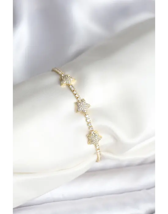 Yıldız Model Zirkon Taşlı Gold Renk Çelik Su Yolu Kadın Bileklik