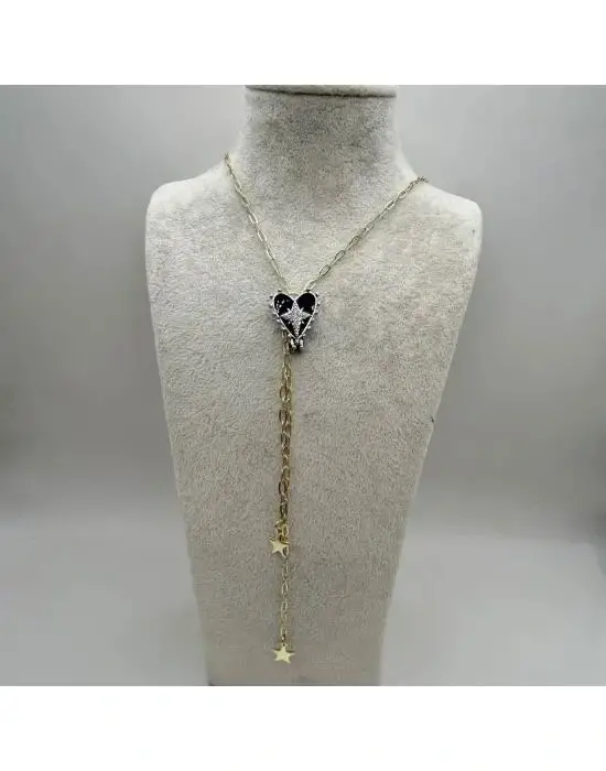 Yıldızlı Siyah Uzun Çelik Y Kolye