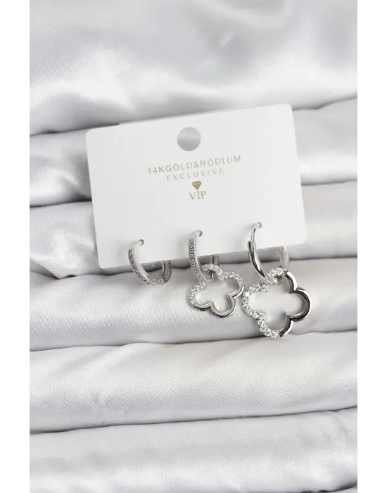 Yonca Model Gümüş Renk Pirinç 3lü Kadın Küpe Seti