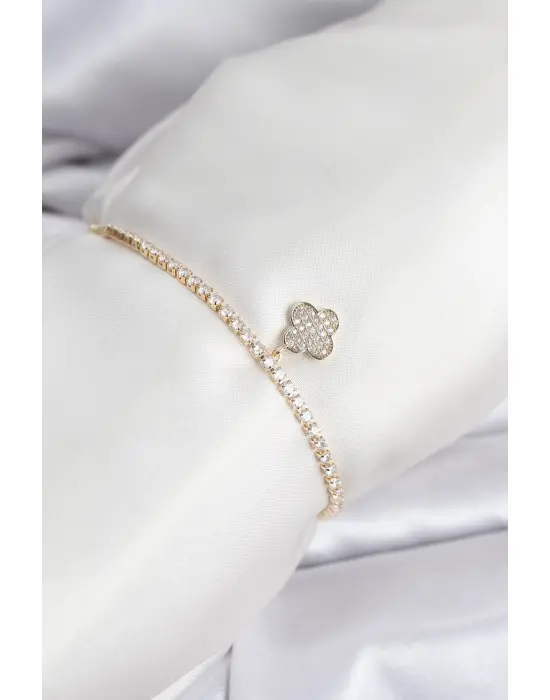 Yonca Model Zirkon Taşlı Gold Renk Asansörlü Su Yolu Bileklik