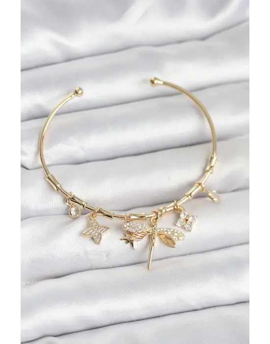 Yusufçuk Charmlı Gold Renk Pirinç Kadın Bileklik