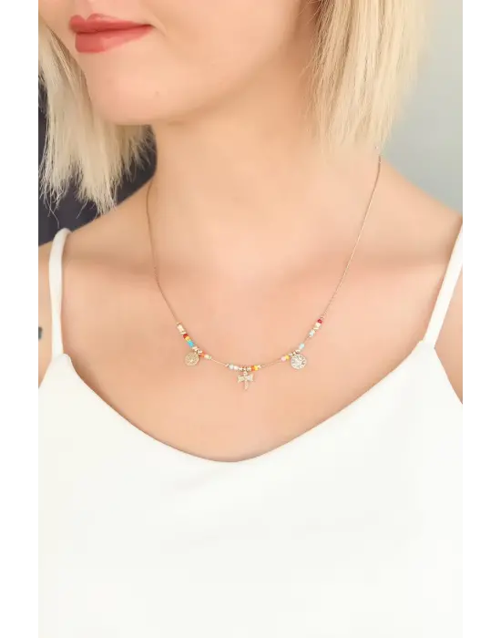 Yusufçuk Figürlü Renkli Boncuk Bayan Kolye