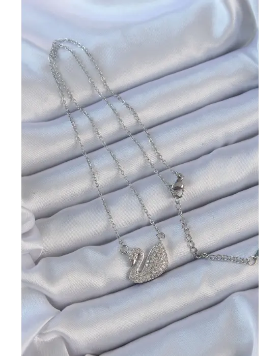  Zincir Gümüş  Zirkon Taşlı Kuğu Çelik Kolye