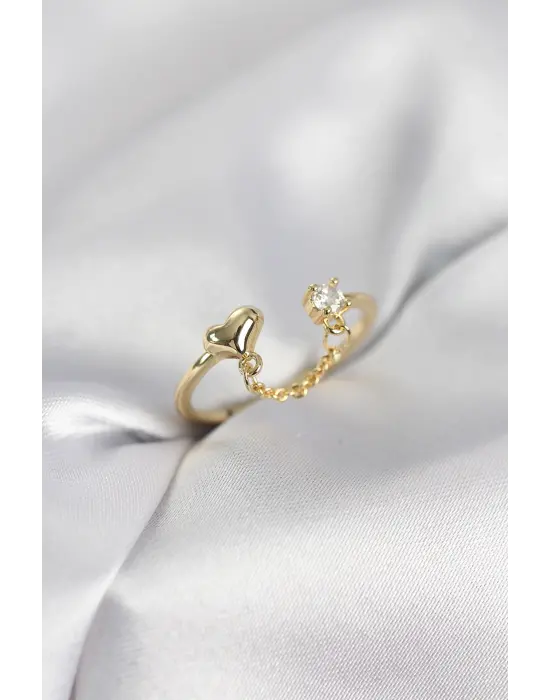 Zincir Sallantılı Kalp Model Gold Renk Kadın Yüzük