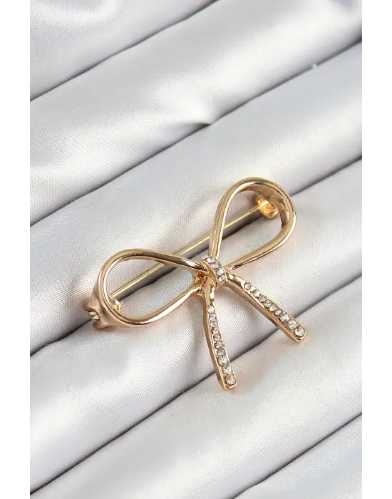 Zirkon Taş Detaylı 3D Fiyonk Figürlü Gold Renk Kadın Broş