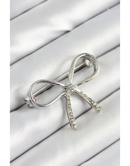 Zirkon Taş Detaylı Fiyonk Figürlü Gümüş Renk Kadın Broş