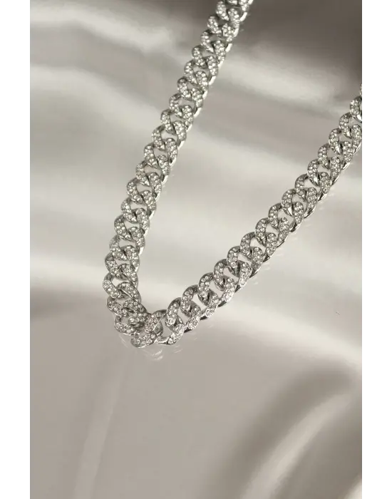 Zirkon Taş Kaplama Gümüş Renk Çelik Kadın Kolye