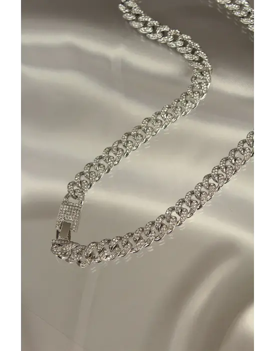 Zirkon Taş Kaplama Gümüş Renk Çelik Kadın Kolye