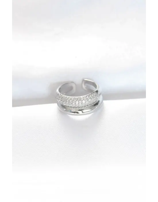 Zirkon Taşlı 2li Görünümlü Silver Renk Ayarlanabilir Bombe Yüzük
